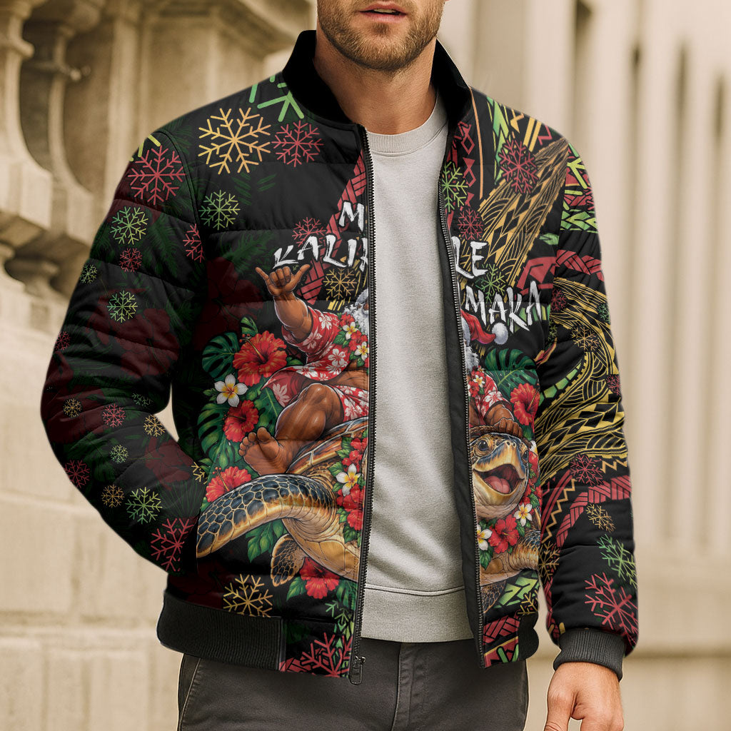 Hawaii Christmas Bomber Puffer Jacket Aloha Santa Riding Honu DT05 - Polynesian Pride