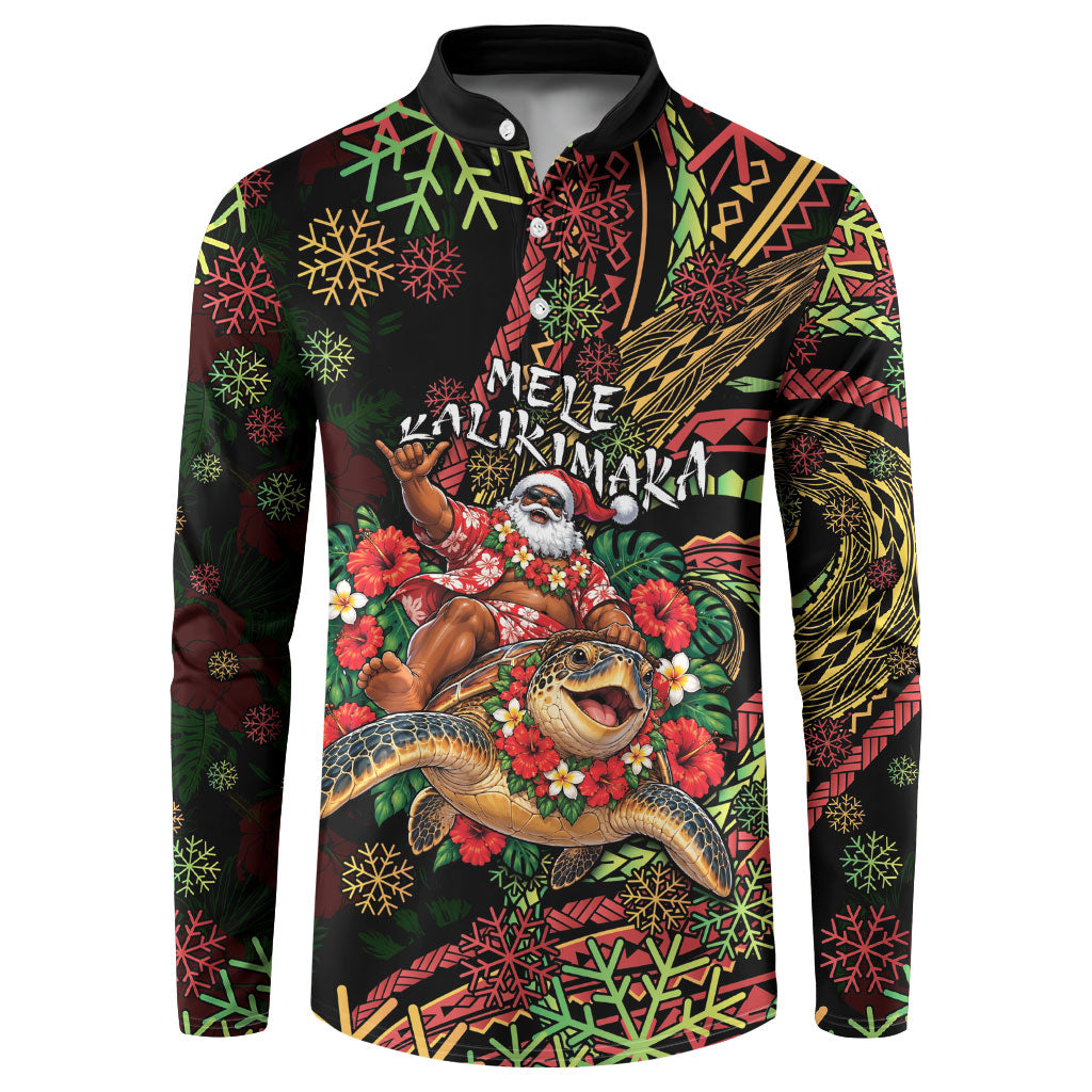 Hawaii Christmas Button Sweatshirt Aloha Santa Riding Honu DT05 Black - Polynesian Pride