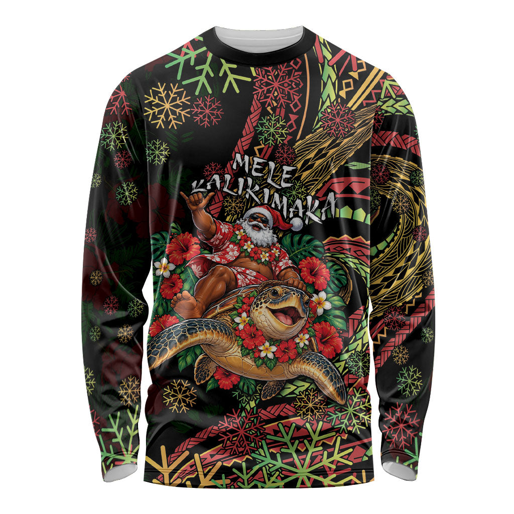 Hawaii Christmas Long Sleeve Shirt Aloha Santa Riding Honu DT05 Unisex Black - Polynesian Pride