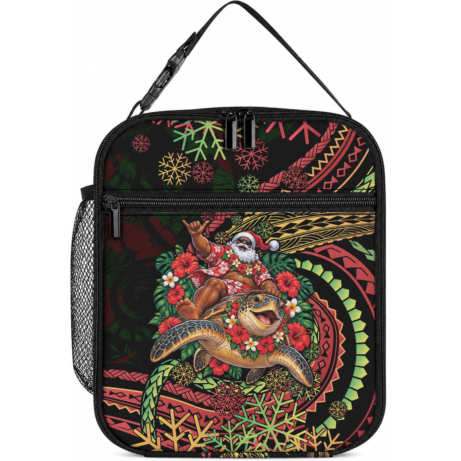 Hawaii Christmas Lunch Bag Aloha Santa Riding Honu DT05 10.2 × 8.3 × 4.3 inch Black - Polynesian Pride
