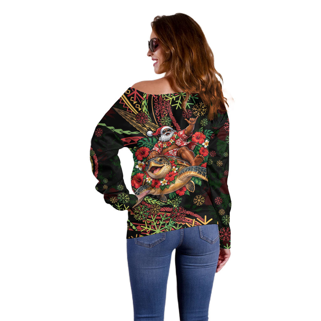 Hawaii Christmas Off Shoulder Sweater Aloha Santa Riding Honu DT05 - Polynesian Pride