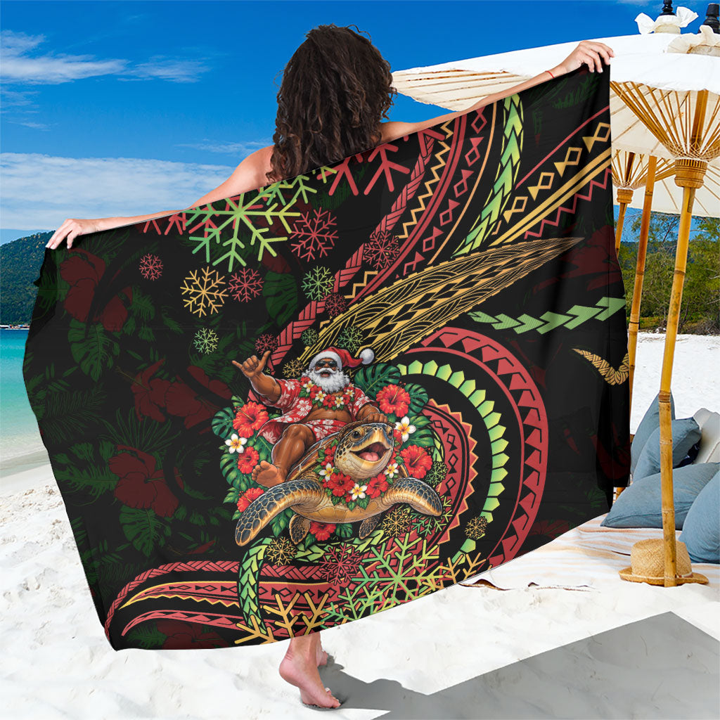 Hawaii Christmas Sarong Aloha Santa Riding Honu DT05 One Size 44 x 66 inches Black - Polynesian Pride