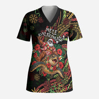Hawaii Christmas Scrub Top Aloha Santa Riding Honu DT05 Adult Black - Polynesian Pride