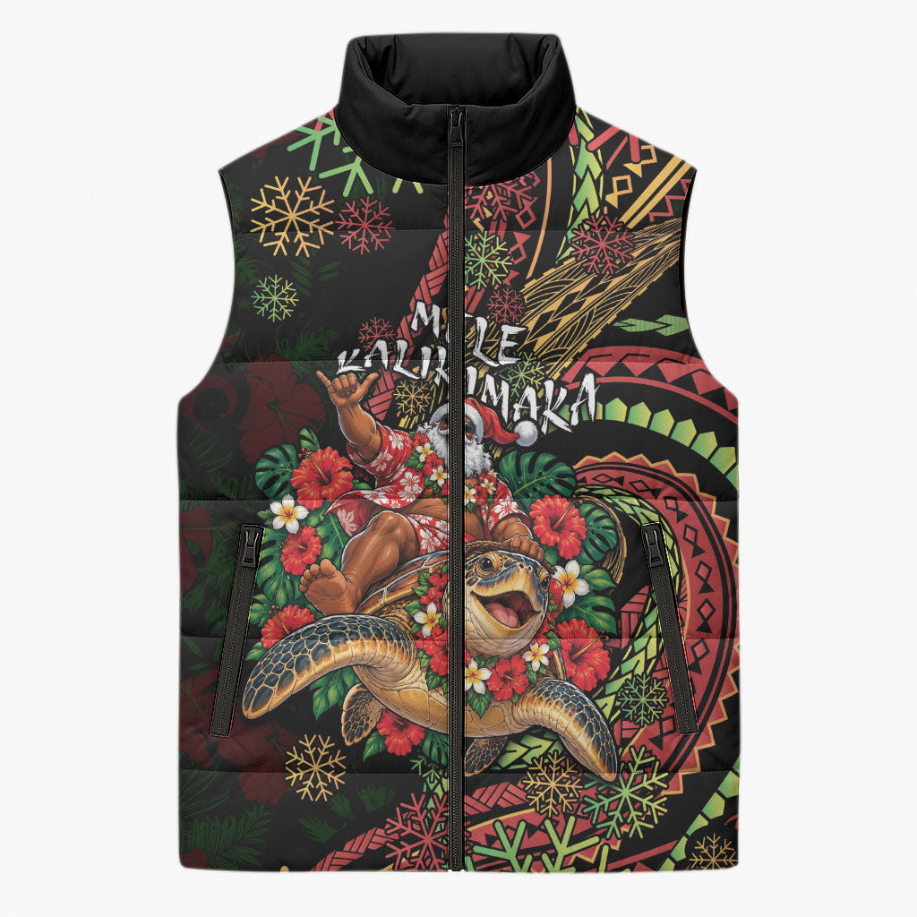 Hawaii Christmas Sleeveless Puffer Jacket Aloha Santa Riding Honu DT05 Unisex Black - Polynesian Pride