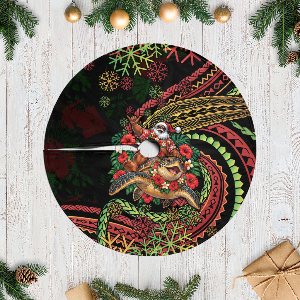 Hawaii Christmas Tree Skirt Aloha Santa Riding Honu DT05 Casual Black - Polynesian Pride