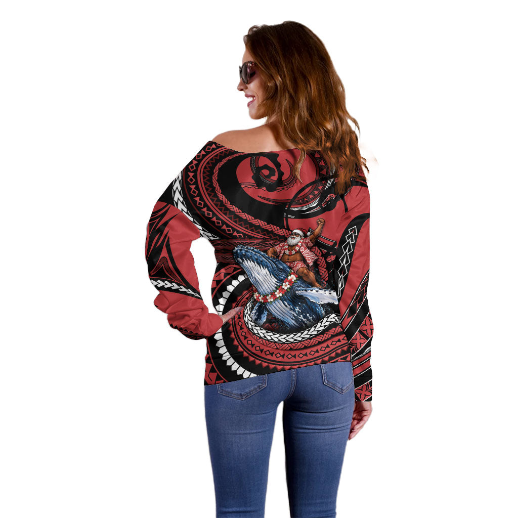 Tonga Christmas Off Shoulder Sweater Santa Riding Humpback Whale DT05 - Polynesian Pride