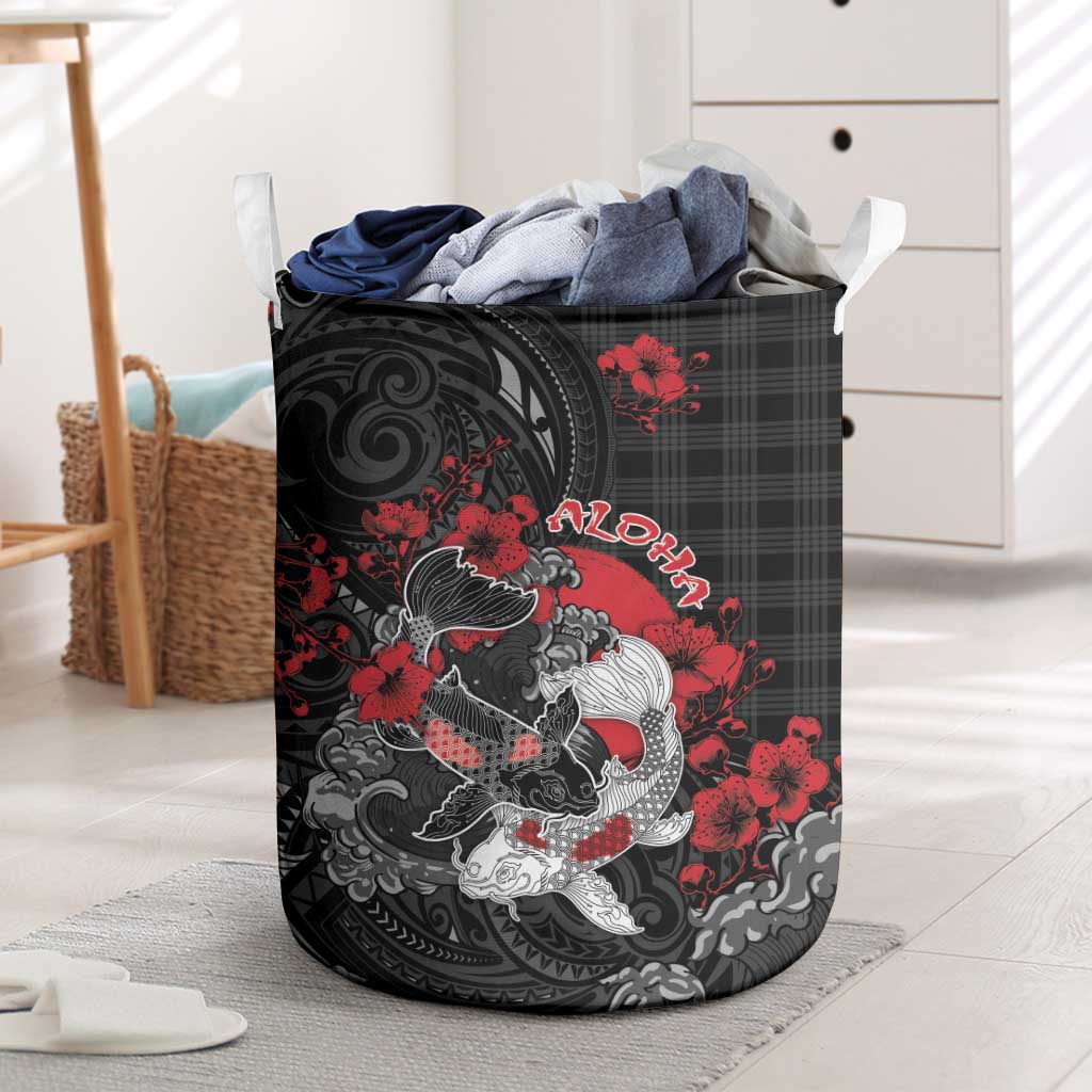 Hawaiian And Japanese Laundry Basket Aloha Koi Fish Palaka Patterns DT05 Black - Polynesian Pride