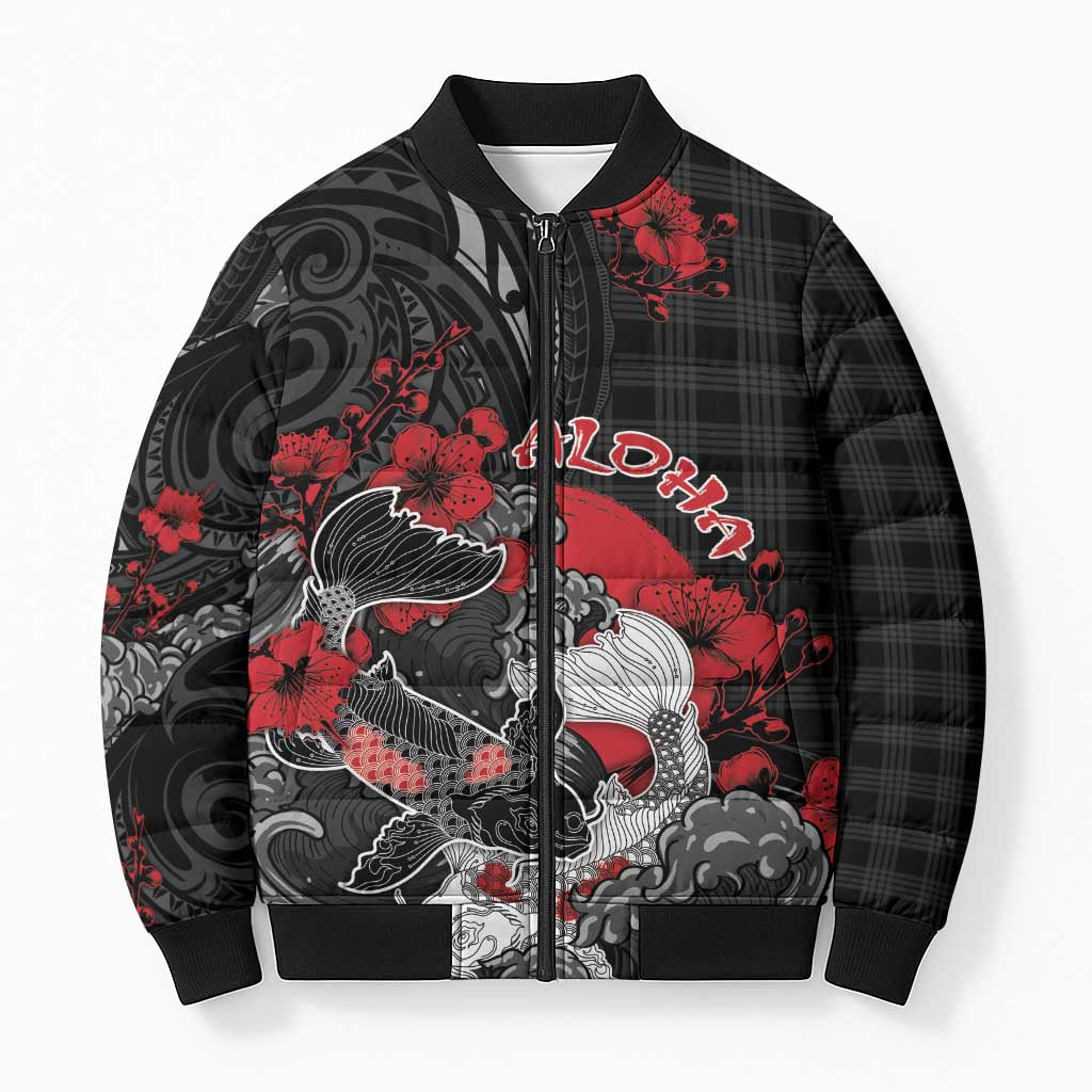 Personalised Hawaiian And Japanese Bomber Puffer Jacket Aloha Koi Fish Palaka Patterns - Polynesian Pride