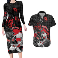 Personalised Hawaiian And Japanese Couples Matching Long Sleeve Bodycon Dress and Hawaiian Shirt Aloha Koi Fish Palaka Patterns DT05 Black - Polynesian Pride