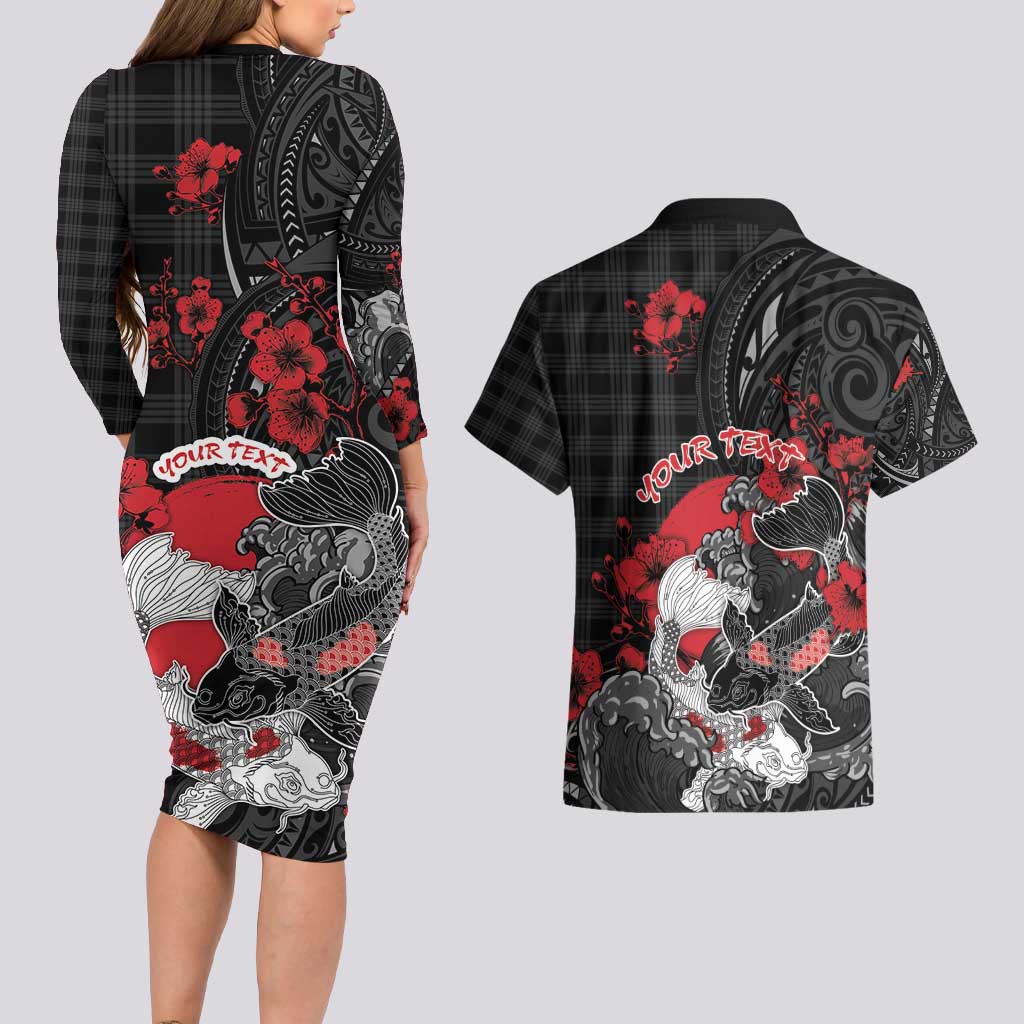 Personalised Hawaiian And Japanese Couples Matching Long Sleeve Bodycon Dress and Hawaiian Shirt Aloha Koi Fish Palaka Patterns DT05 - Polynesian Pride