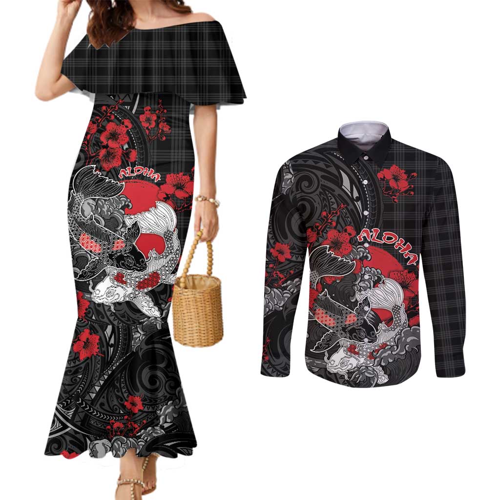 Personalised Hawaiian And Japanese Couples Matching Mermaid Dress and Long Sleeve Button Shirt Aloha Koi Fish Palaka Patterns DT05 Black - Polynesian Pride