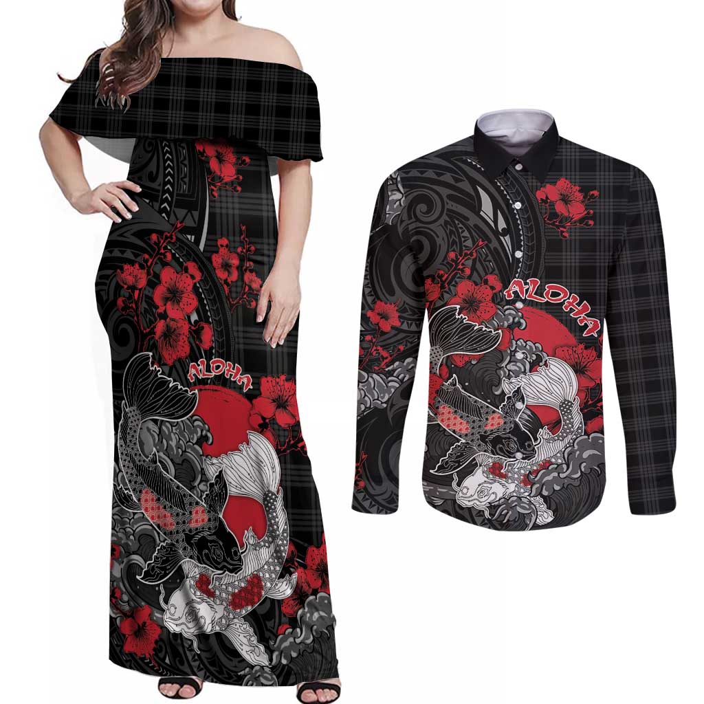 Personalised Hawaiian And Japanese Couples Matching Off Shoulder Maxi Dress and Long Sleeve Button Shirt Aloha Koi Fish Palaka Patterns DT05 Black - Polynesian Pride
