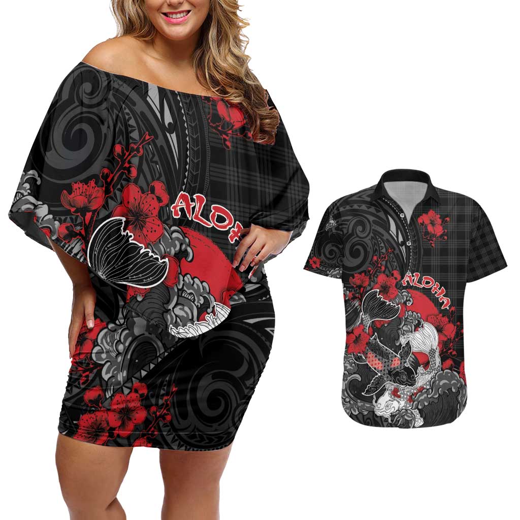 Personalised Hawaiian And Japanese Couples Matching Off Shoulder Short Dress and Hawaiian Shirt Aloha Koi Fish Palaka Patterns DT05 Black - Polynesian Pride