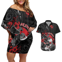 Personalised Hawaiian And Japanese Couples Matching Off Shoulder Short Dress and Hawaiian Shirt Aloha Koi Fish Palaka Patterns DT05 Black - Polynesian Pride