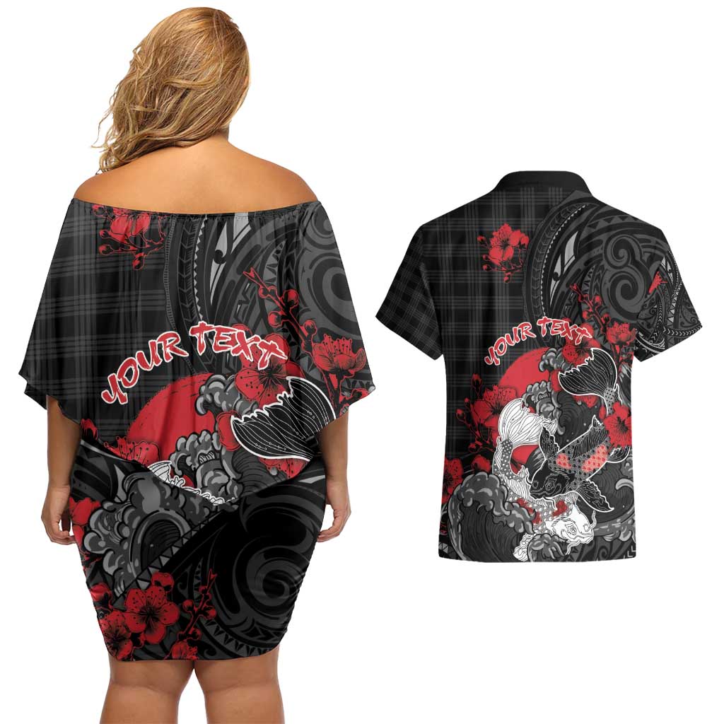 Personalised Hawaiian And Japanese Couples Matching Off Shoulder Short Dress and Hawaiian Shirt Aloha Koi Fish Palaka Patterns DT05 - Polynesian Pride