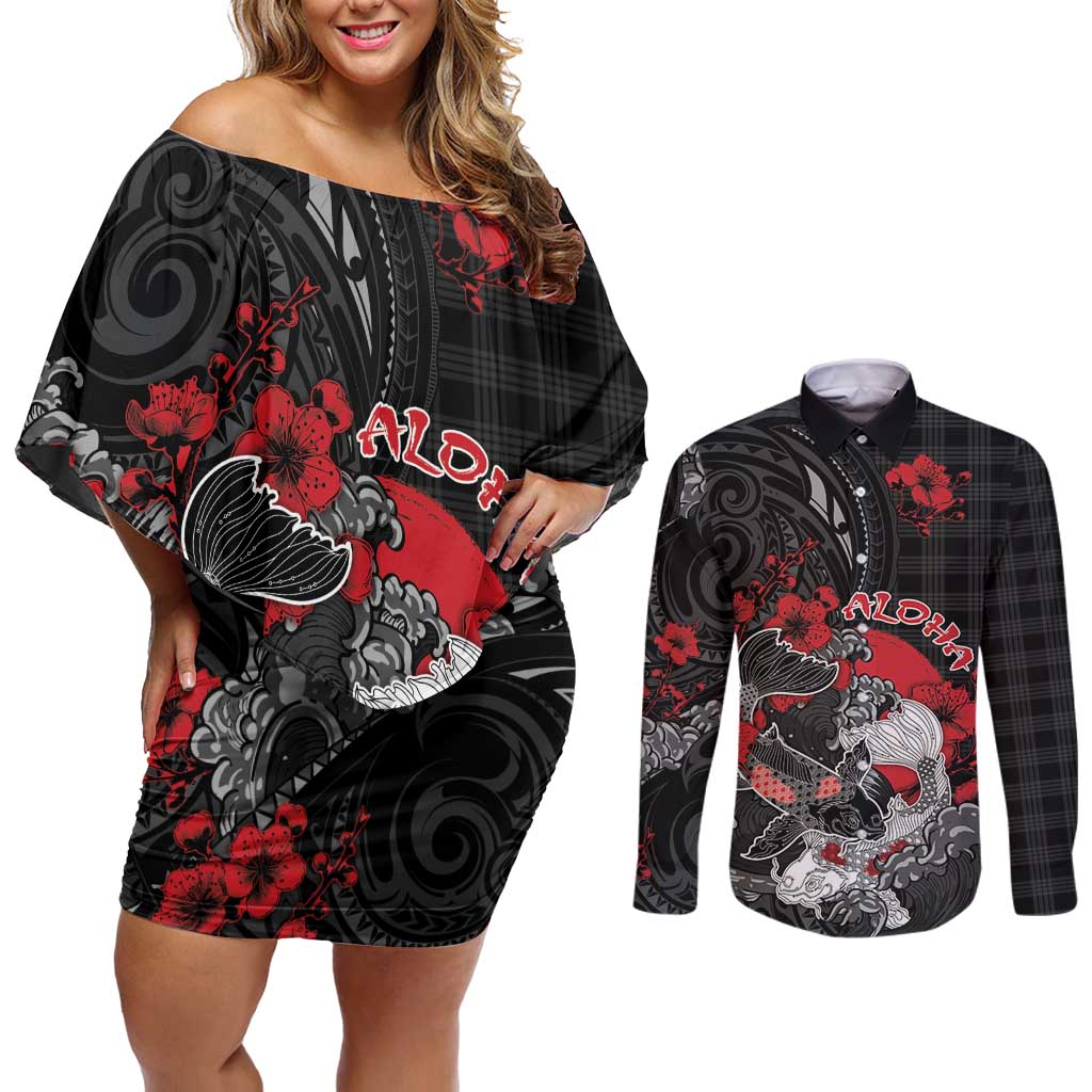 Personalised Hawaiian And Japanese Couples Matching Off Shoulder Short Dress and Long Sleeve Button Shirt Aloha Koi Fish Palaka Patterns DT05 Black - Polynesian Pride