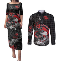 Personalised Hawaiian And Japanese Couples Matching Puletasi and Long Sleeve Button Shirt Aloha Koi Fish Palaka Patterns DT05 Black - Polynesian Pride
