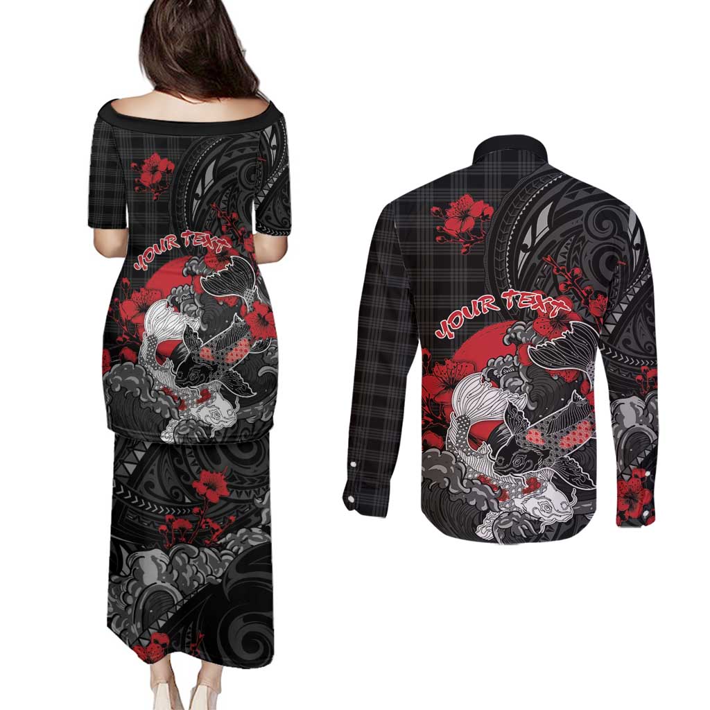 Personalised Hawaiian And Japanese Couples Matching Puletasi and Long Sleeve Button Shirt Aloha Koi Fish Palaka Patterns DT05 - Polynesian Pride