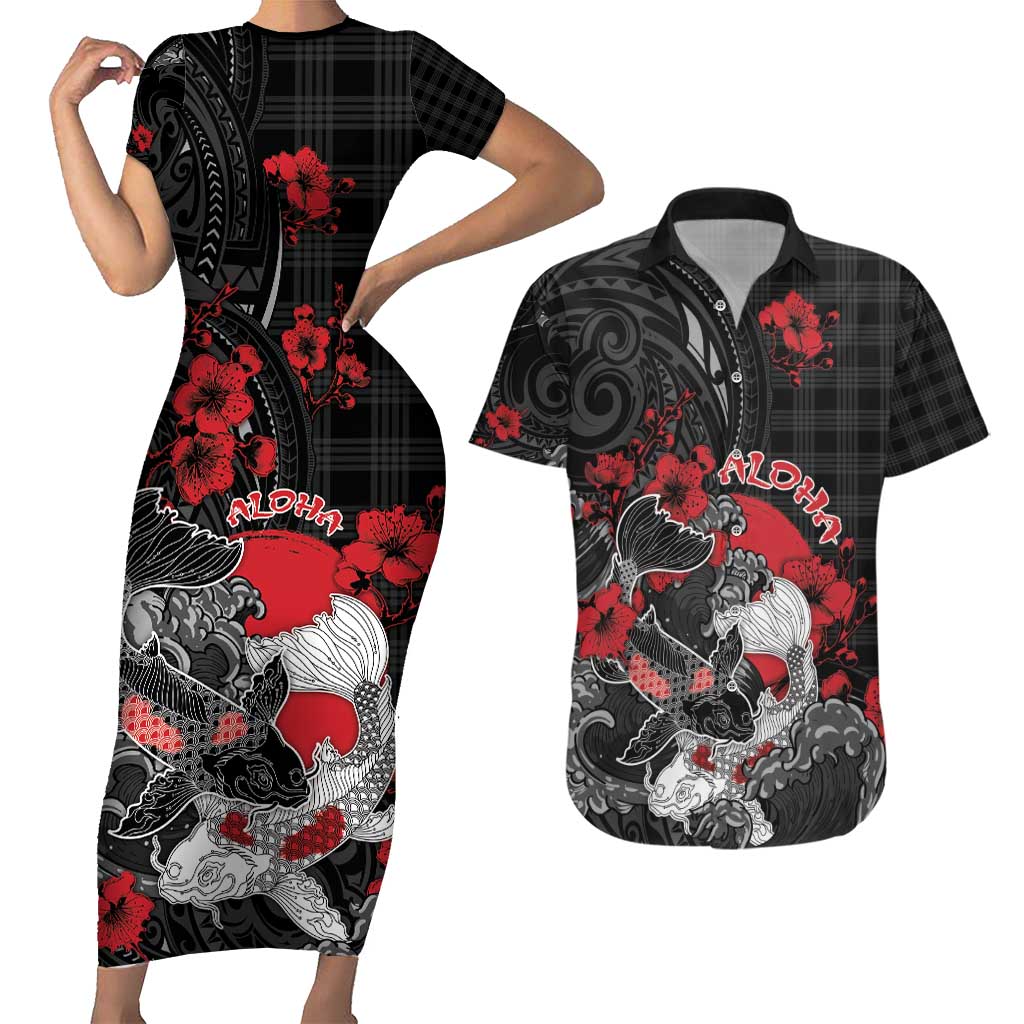 Personalised Hawaiian And Japanese Couples Matching Short Sleeve Bodycon Dress and Hawaiian Shirt Aloha Koi Fish Palaka Patterns DT05 Black - Polynesian Pride