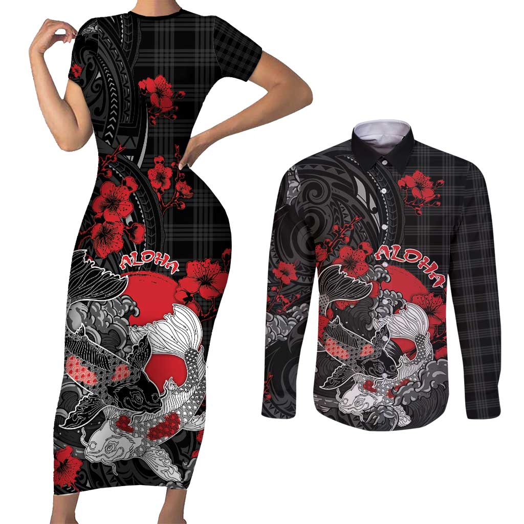 Personalised Hawaiian And Japanese Couples Matching Short Sleeve Bodycon Dress and Long Sleeve Button Shirt Aloha Koi Fish Palaka Patterns DT05 Black - Polynesian Pride