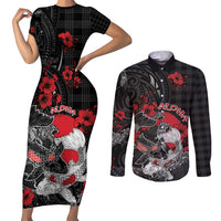 Personalised Hawaiian And Japanese Couples Matching Short Sleeve Bodycon Dress and Long Sleeve Button Shirt Aloha Koi Fish Palaka Patterns DT05 Black - Polynesian Pride