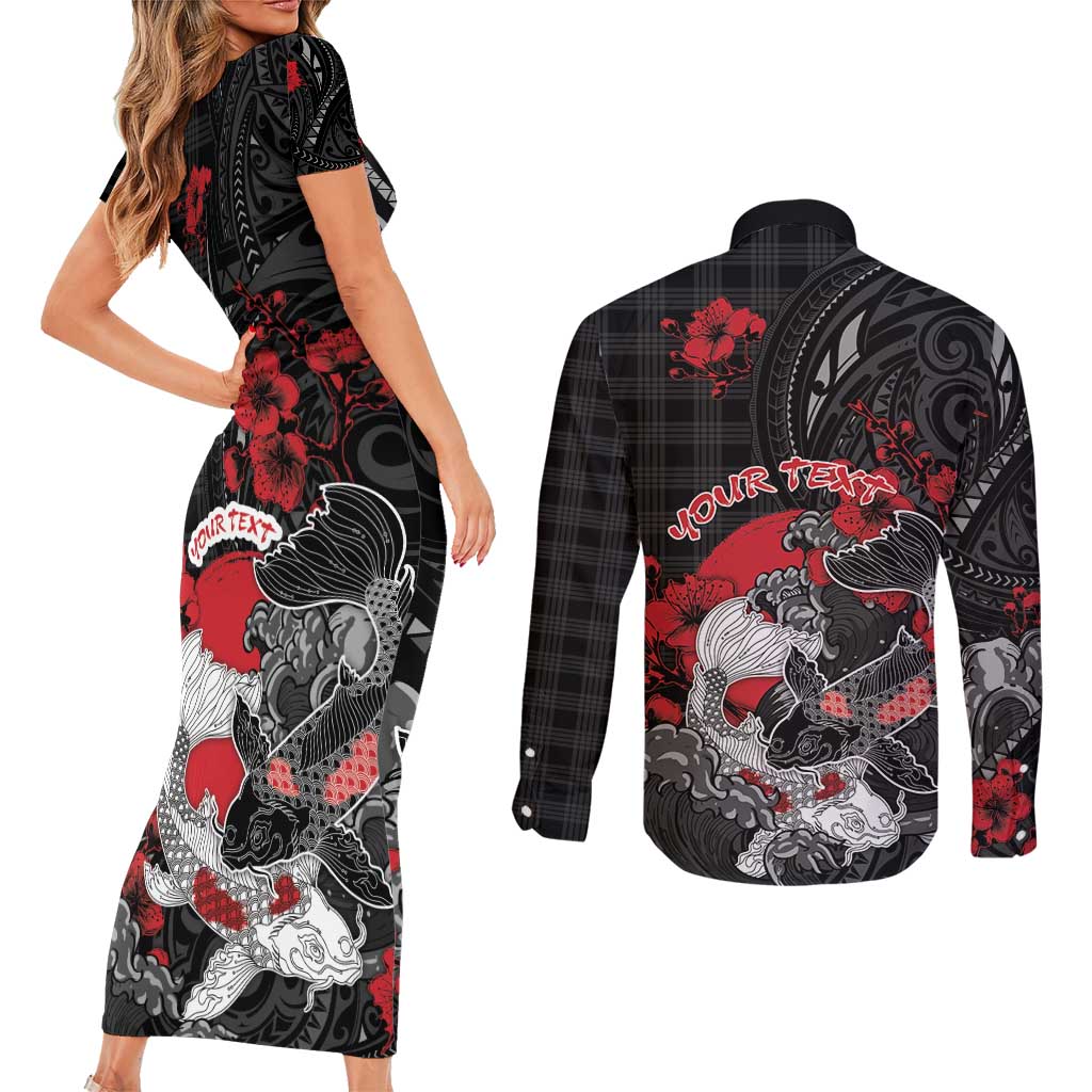 Personalised Hawaiian And Japanese Couples Matching Short Sleeve Bodycon Dress and Long Sleeve Button Shirt Aloha Koi Fish Palaka Patterns DT05 - Polynesian Pride