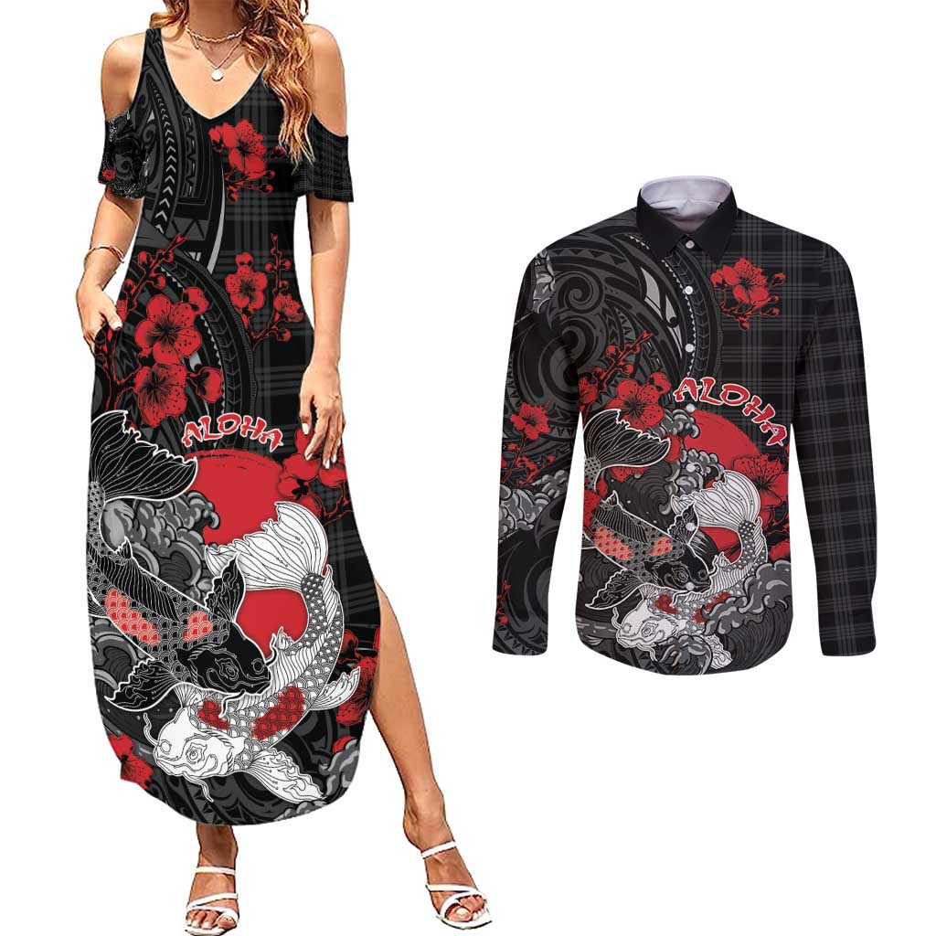 Personalised Hawaiian And Japanese Couples Matching Summer Maxi Dress and Long Sleeve Button Shirt Aloha Koi Fish Palaka Patterns DT05 Black - Polynesian Pride