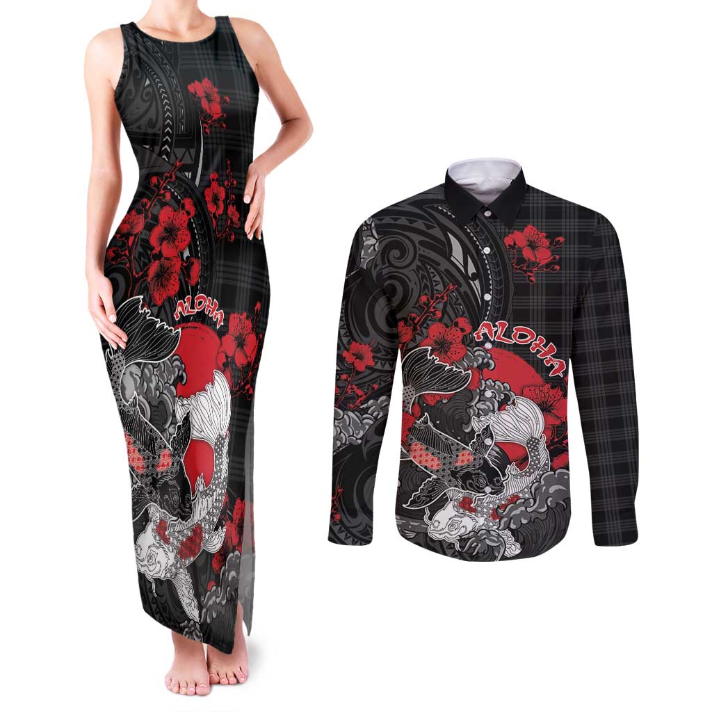 Personalised Hawaiian And Japanese Couples Matching Tank Maxi Dress and Long Sleeve Button Shirt Aloha Koi Fish Palaka Patterns DT05 Black - Polynesian Pride