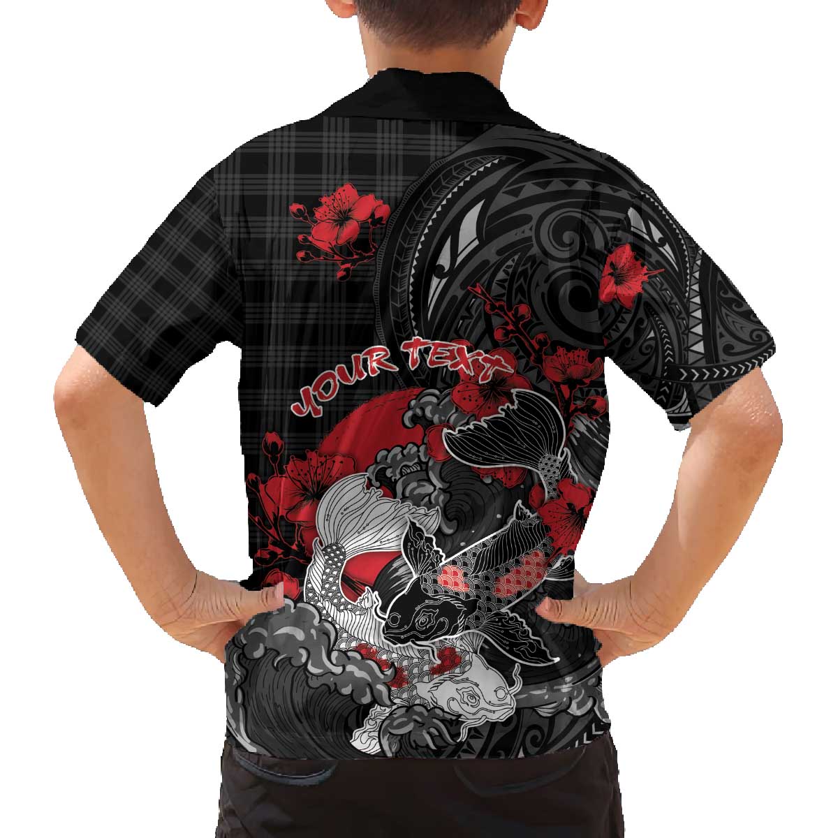 Personalised Hawaiian And Japanese Family Matching Off The Shoulder Long Sleeve Dress and Hawaiian Shirt Aloha Koi Fish Palaka Patterns DT05 - Polynesian Pride