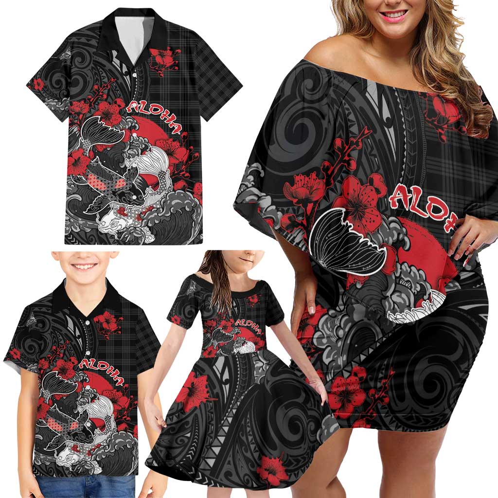 Personalised Hawaiian And Japanese Family Matching Off Shoulder Short Dress and Hawaiian Shirt Aloha Koi Fish Palaka Patterns DT05 - Polynesian Pride