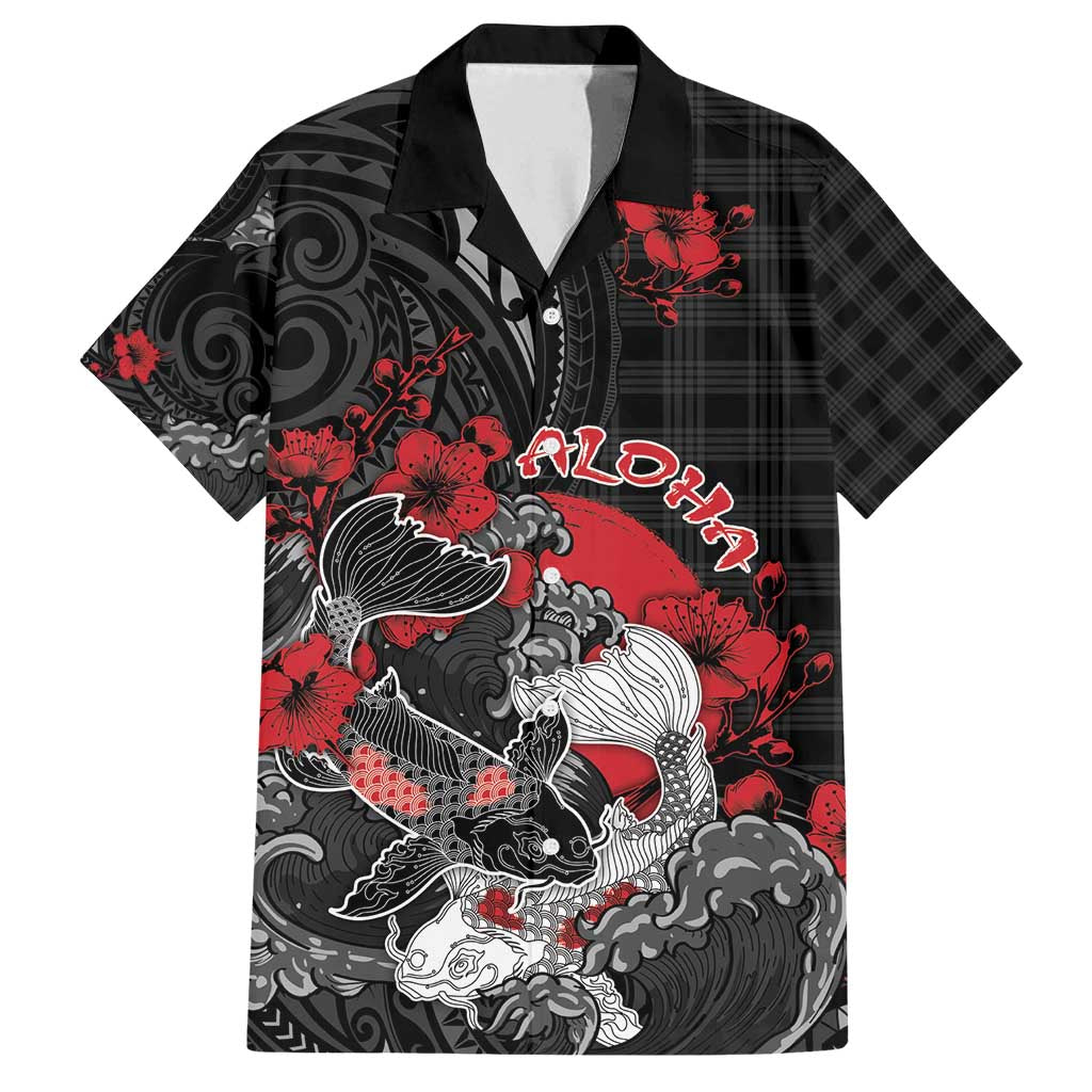 Personalised Hawaiian And Japanese Family Matching Puletasi and Hawaiian Shirt Aloha Koi Fish Palaka Patterns DT05 Dad's Shirt - Short Sleeve Black - Polynesian Pride
