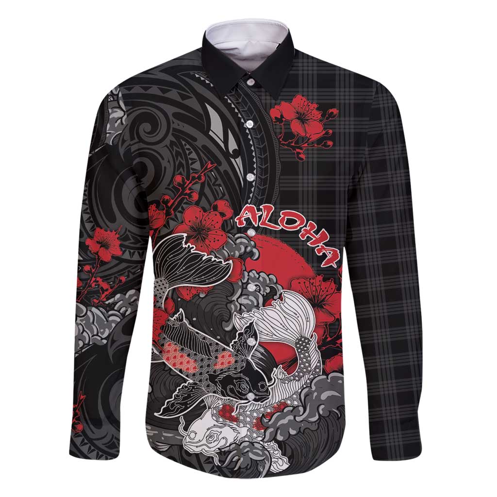 Personalised Hawaiian And Japanese Family Matching Summer Maxi Dress and Hawaiian Shirt Aloha Koi Fish Palaka Patterns DT05 Dad's Shirt - Long Sleeve Black - Polynesian Pride