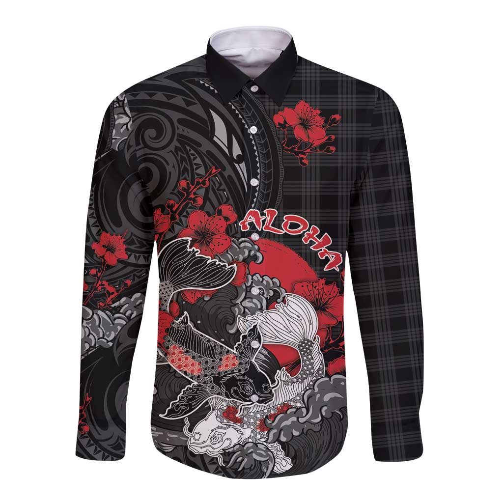Personalised Hawaiian And Japanese Long Sleeve Button Shirt Aloha Koi Fish Palaka Patterns - Polynesian Pride