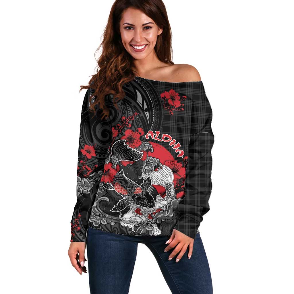 Personalised Hawaiian And Japanese Off Shoulder Sweater Aloha Koi Fish Palaka Patterns - Polynesian Pride
