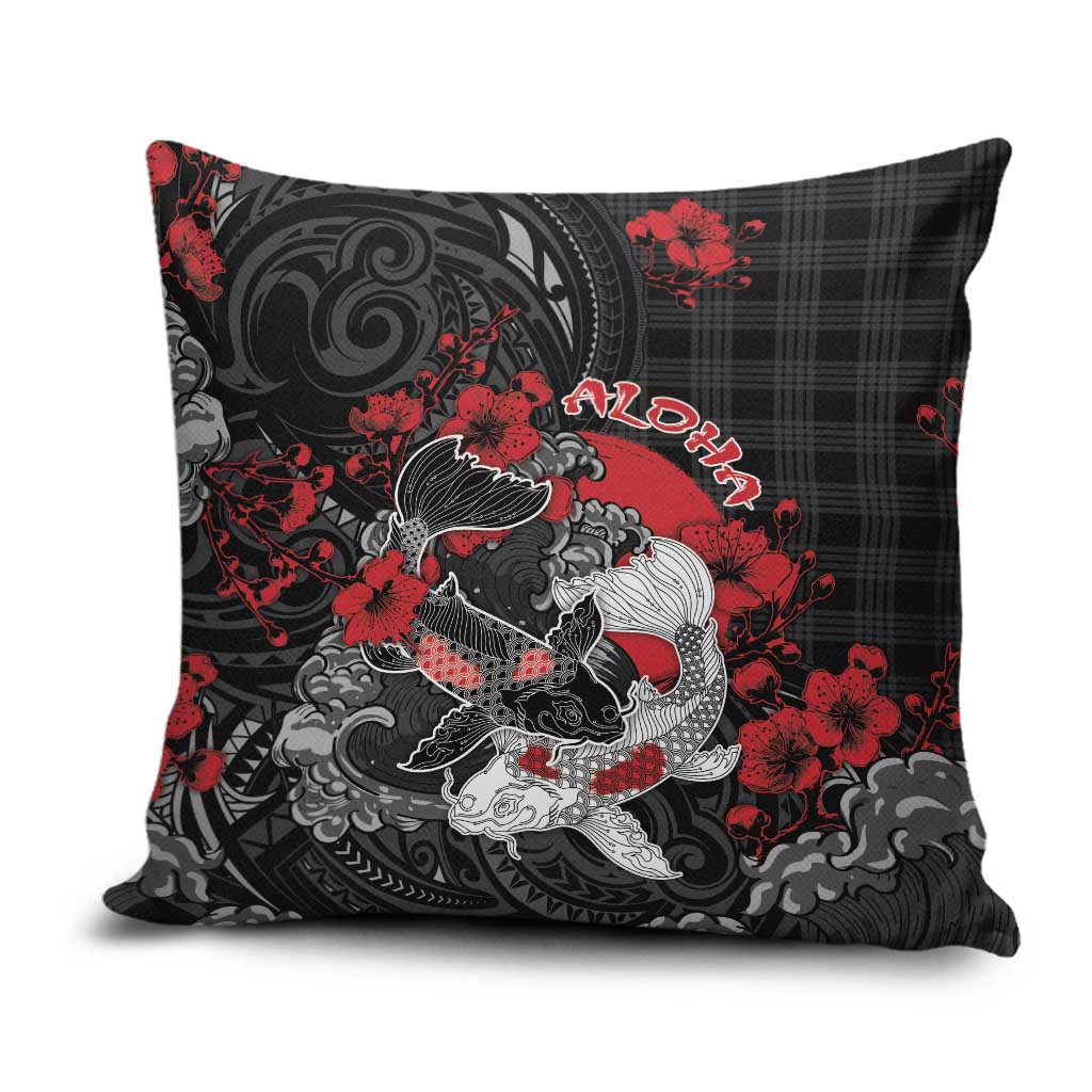 Hawaiian And Japanese Pillow Cover Aloha Koi Fish Palaka Patterns DT05 Black - Polynesian Pride