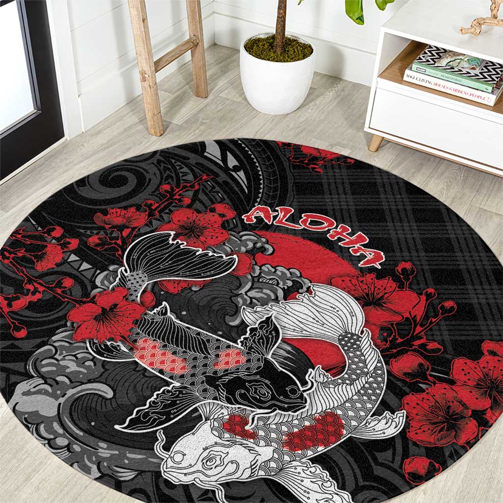 Hawaiian And Japanese Round Carpet Aloha Koi Fish Palaka Patterns - Polynesian Pride