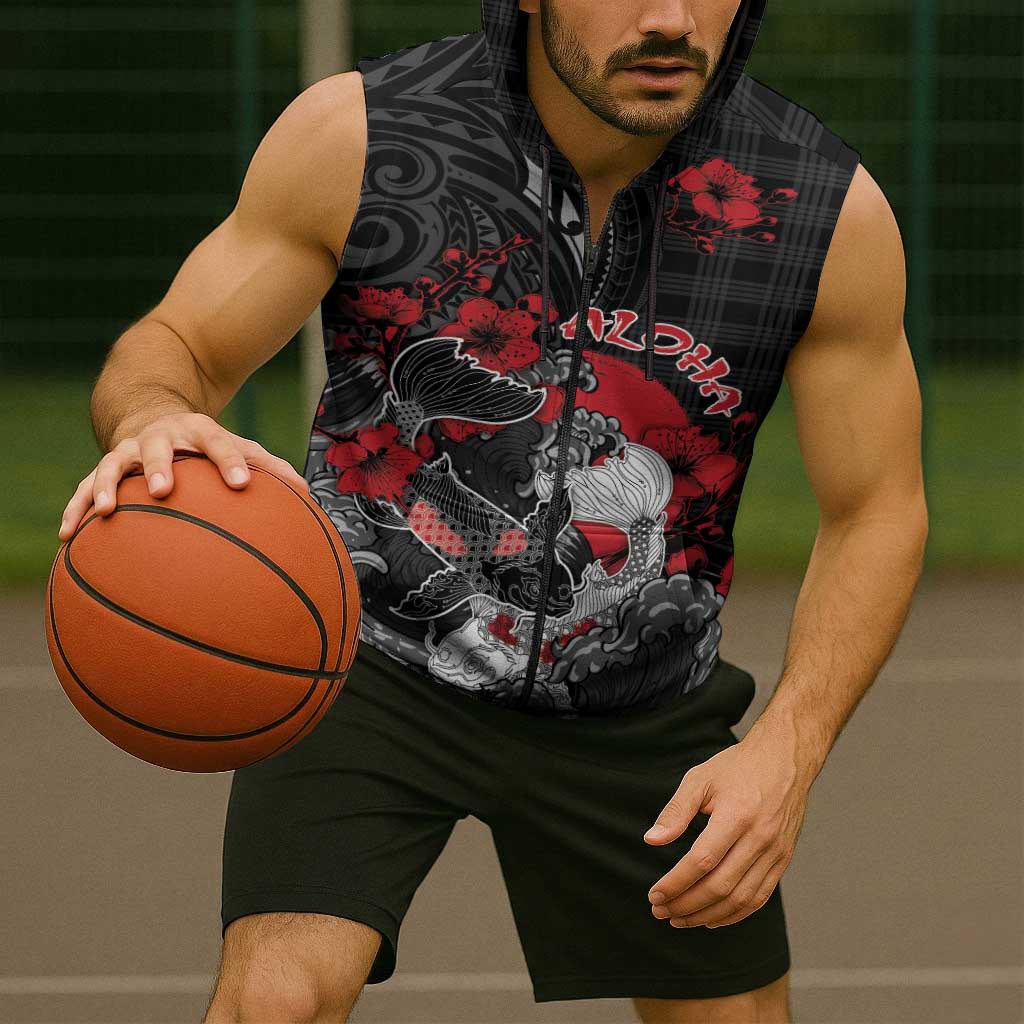 Personalised Hawaiian And Japanese Sleeveless Zip Hoodie Aloha Koi Fish Palaka Patterns - Polynesian Pride