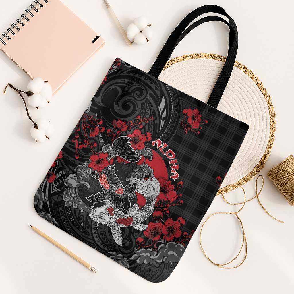 Hawaiian And Japanese Tote Bag Aloha Koi Fish Palaka Patterns DT05 Black Strap One Size Black - Polynesian Pride