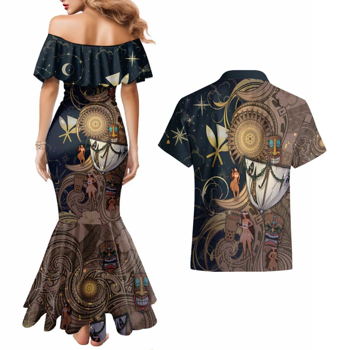 Hawaii Makahiki Couples Matching Mermaid Dress and Hawaiian Shirt Polynesian Sky And Earth DT05 - Polynesian Pride