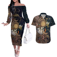 Hawaii Makahiki Couples Matching Off The Shoulder Long Sleeve Dress and Hawaiian Shirt Polynesian Sky And Earth DT05 Gold - Polynesian Pride