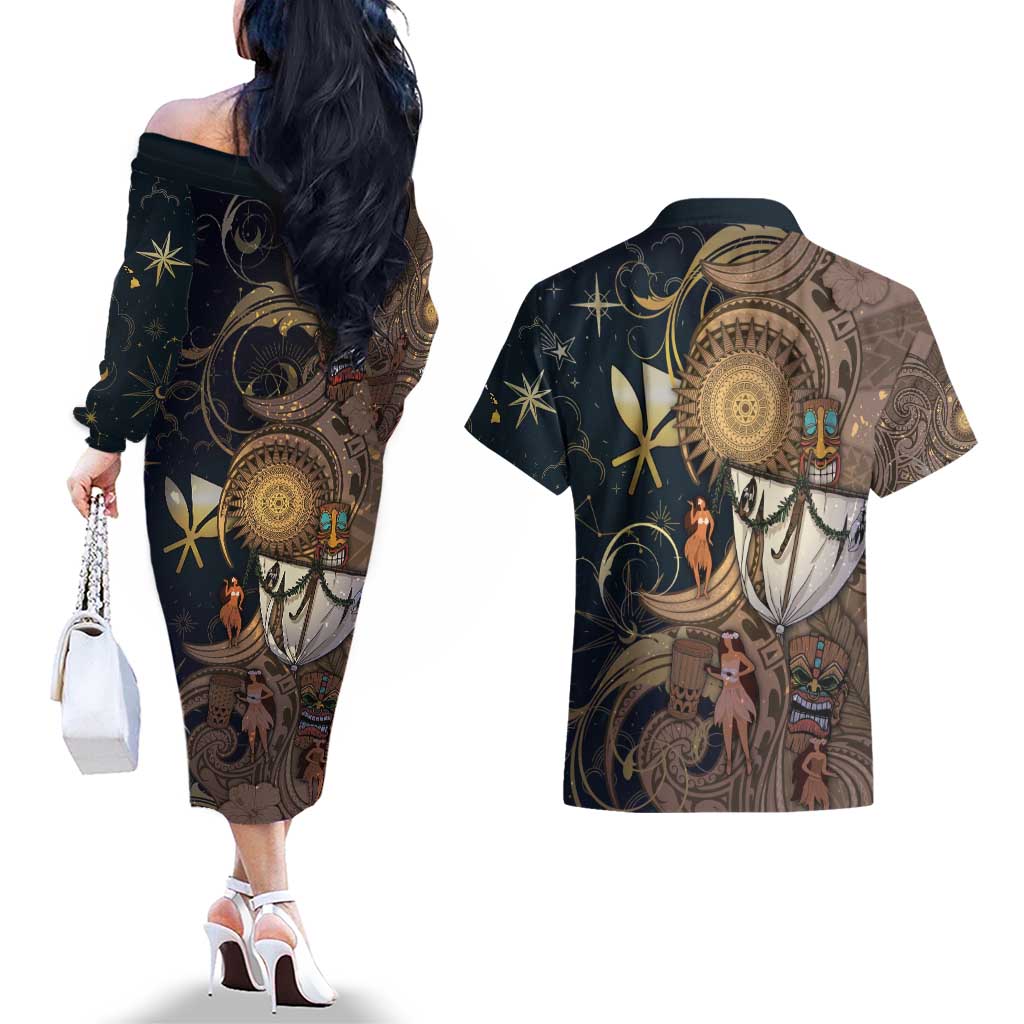 Hawaii Makahiki Couples Matching Off The Shoulder Long Sleeve Dress and Hawaiian Shirt Polynesian Sky And Earth DT05 - Polynesian Pride