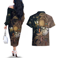 Hawaii Makahiki Couples Matching Off The Shoulder Long Sleeve Dress and Hawaiian Shirt Polynesian Sky And Earth DT05 - Polynesian Pride