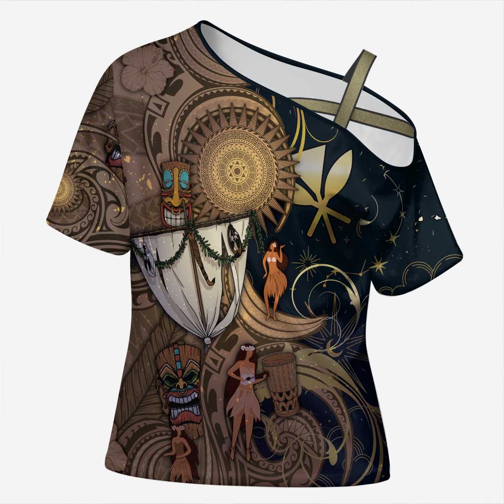 Hawaii Makahiki Cross Shoulder Shirt Polynesian Sky And Earth DT05 Female Gold - Polynesian Pride
