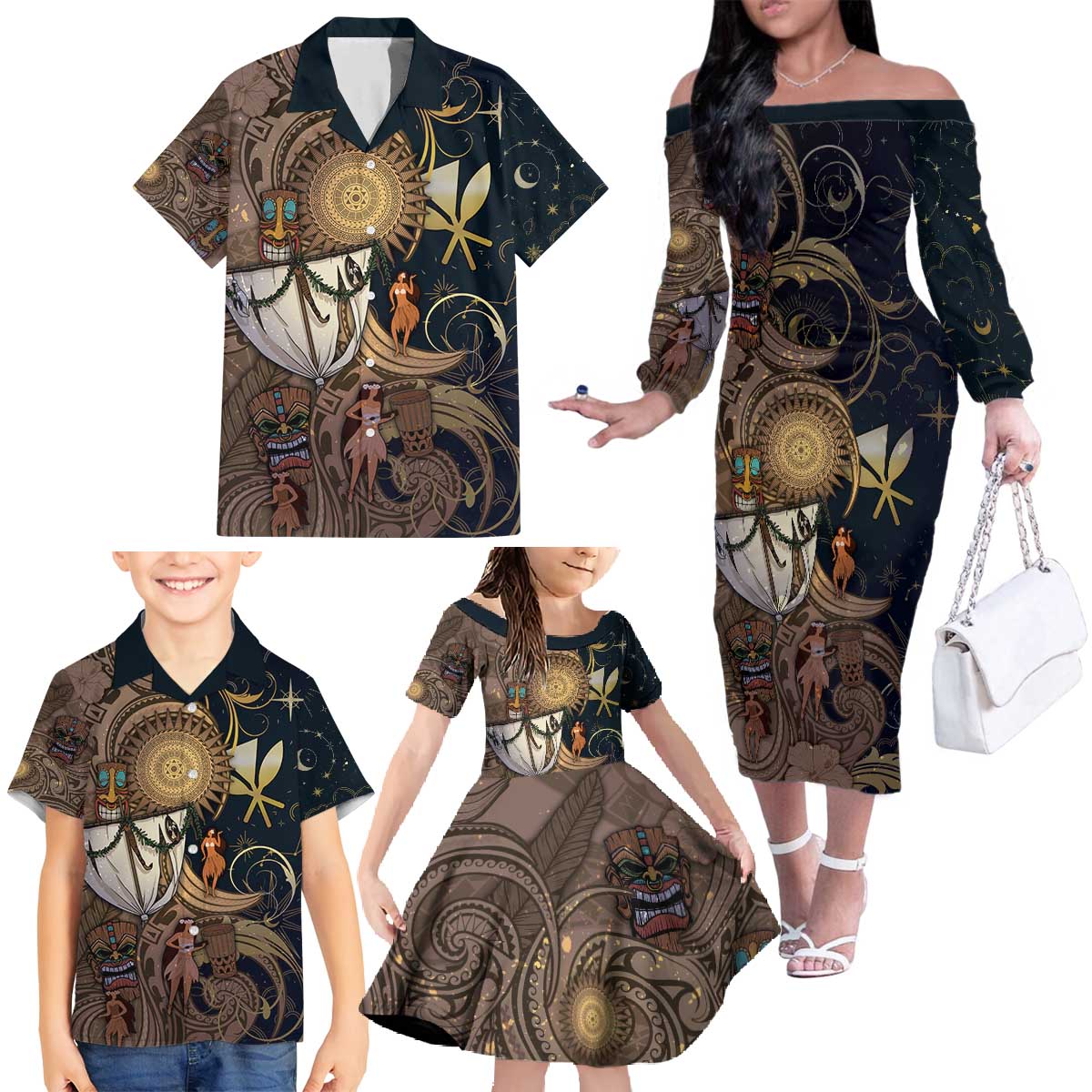 Hawaii Makahiki Family Matching Off The Shoulder Long Sleeve Dress and Hawaiian Shirt Polynesian Sky And Earth DT05 - Polynesian Pride
