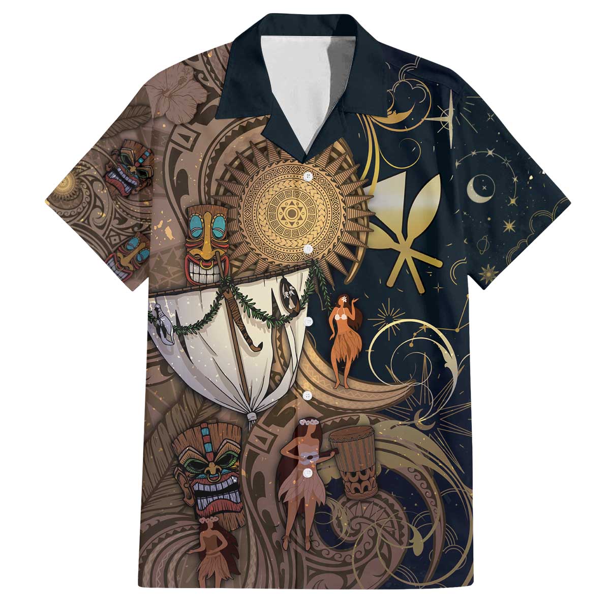 Hawaii Makahiki Family Matching Off The Shoulder Long Sleeve Dress and Hawaiian Shirt Polynesian Sky And Earth DT05 Dad's Shirt - Short Sleeve Gold - Polynesian Pride