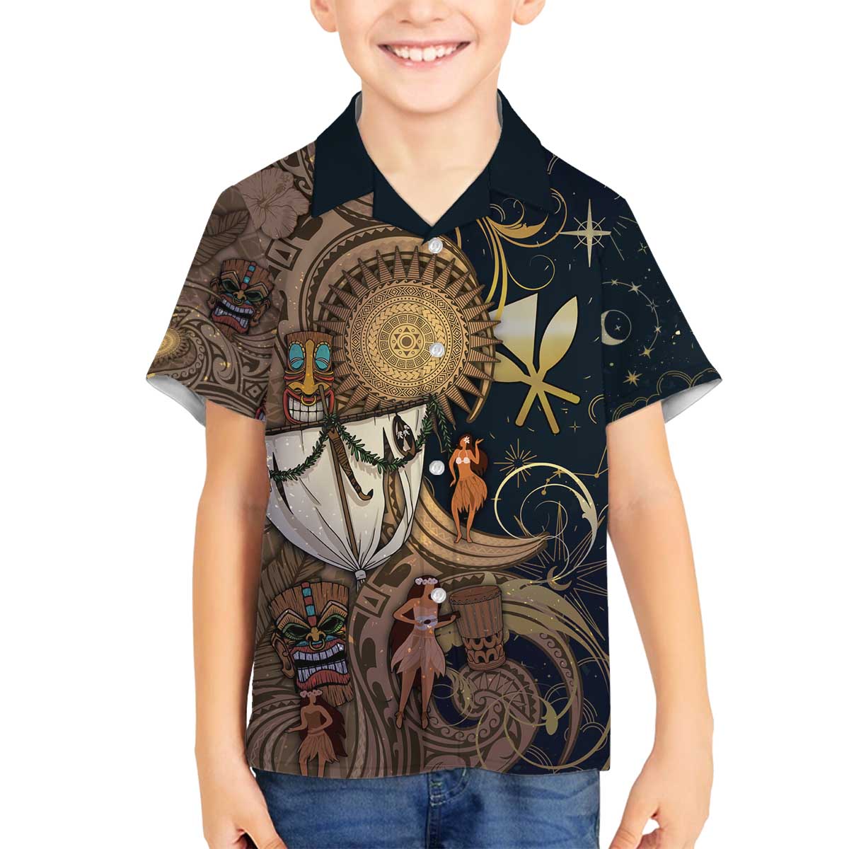 Hawaii Makahiki Family Matching Off The Shoulder Long Sleeve Dress and Hawaiian Shirt Polynesian Sky And Earth DT05 Son's Shirt Gold - Polynesian Pride