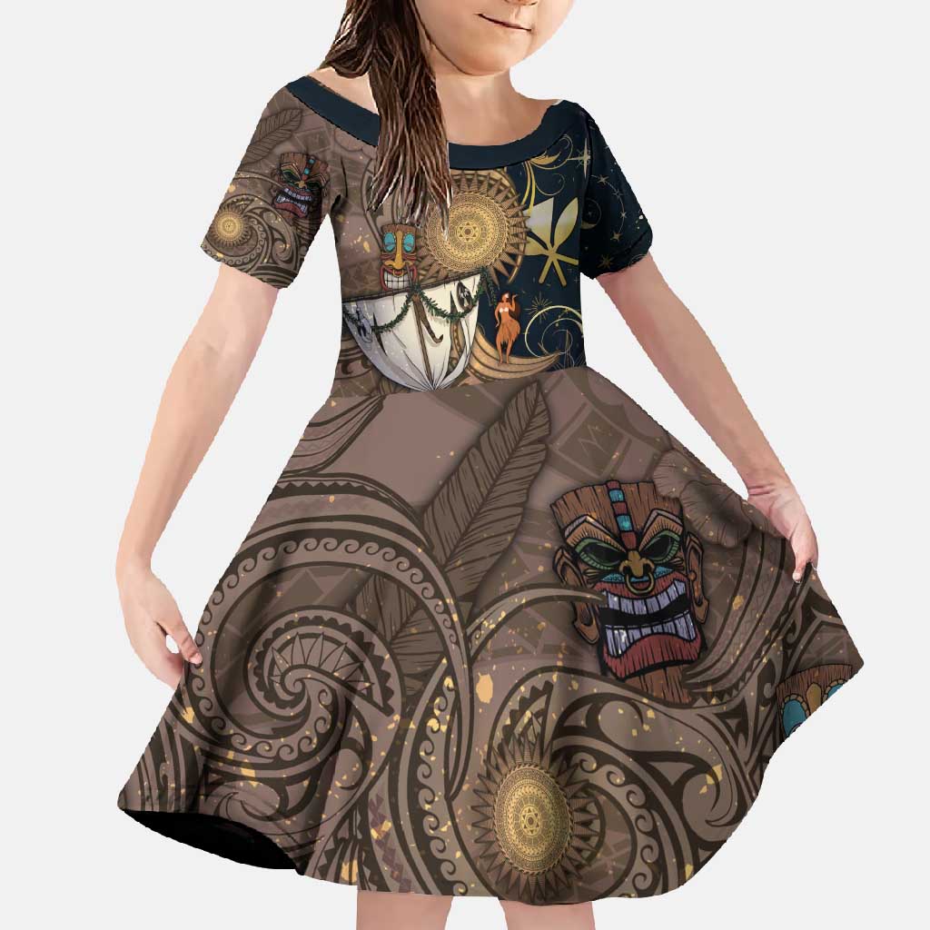 Hawaii Makahiki Family Matching Off Shoulder Maxi Dress and Hawaiian Shirt Polynesian Sky And Earth DT05 Daughter's Dress Gold - Polynesian Pride