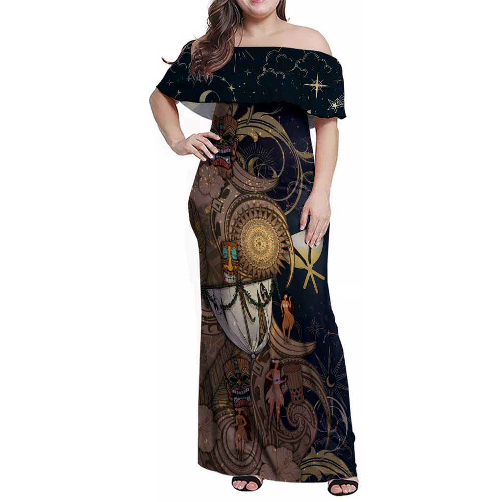 Hawaii Makahiki Family Matching Off Shoulder Maxi Dress and Hawaiian Shirt Polynesian Sky And Earth DT05 Mom's Dress Gold - Polynesian Pride