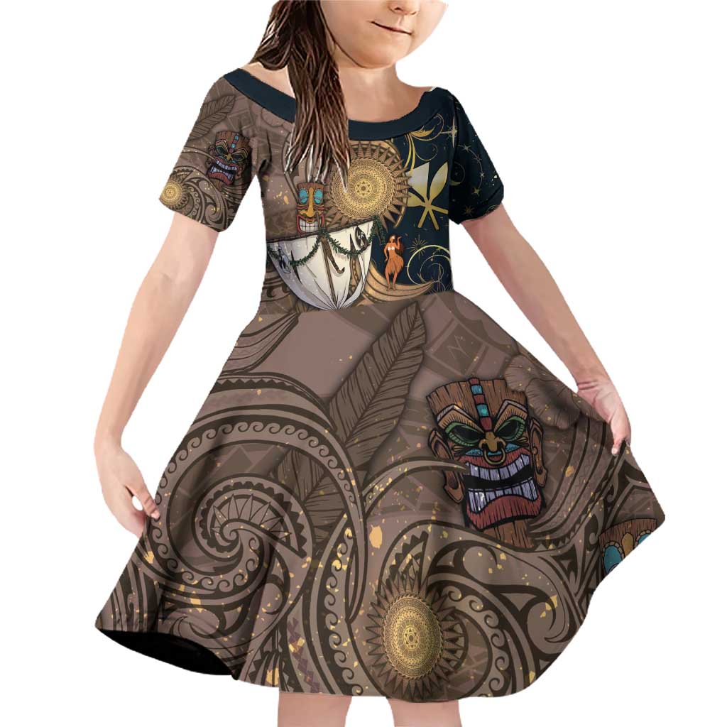 Hawaii Makahiki Family Matching Off Shoulder Short Dress and Hawaiian Shirt Polynesian Sky And Earth DT05 Daughter's Dress Gold - Polynesian Pride