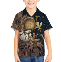 Hawaii Makahiki Family Matching Off Shoulder Short Dress and Hawaiian Shirt Polynesian Sky And Earth DT05 Son's Shirt Gold - Polynesian Pride